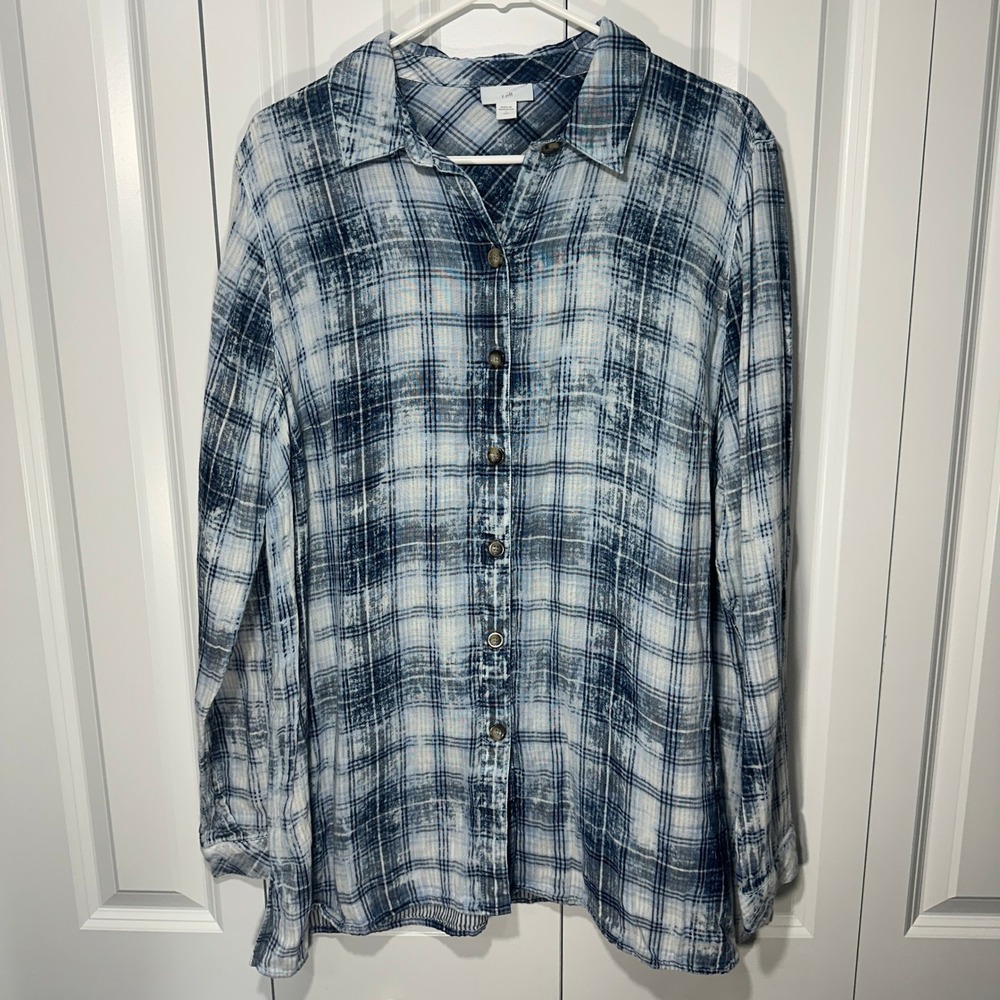 J. Jill Button Front Shirt L Tall Blue Plaid Acid Bleach Long Sleeve Gauze Top